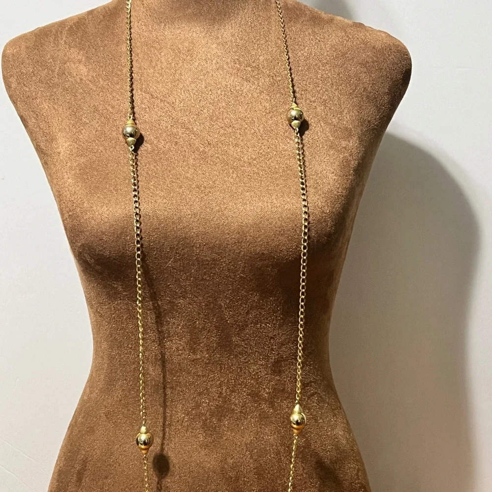 Vintage Monet Gold Tone Long Station Orb Chain Necklace 57 Inch Retro 70s‎